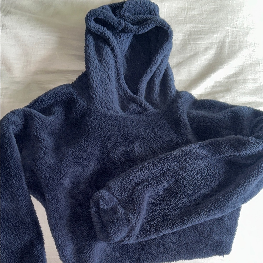 Cropped Plush Hooded Women's Sweater - Navy